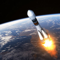 Cargo Carrier Rocket Launch. Realistic 3D Scene.